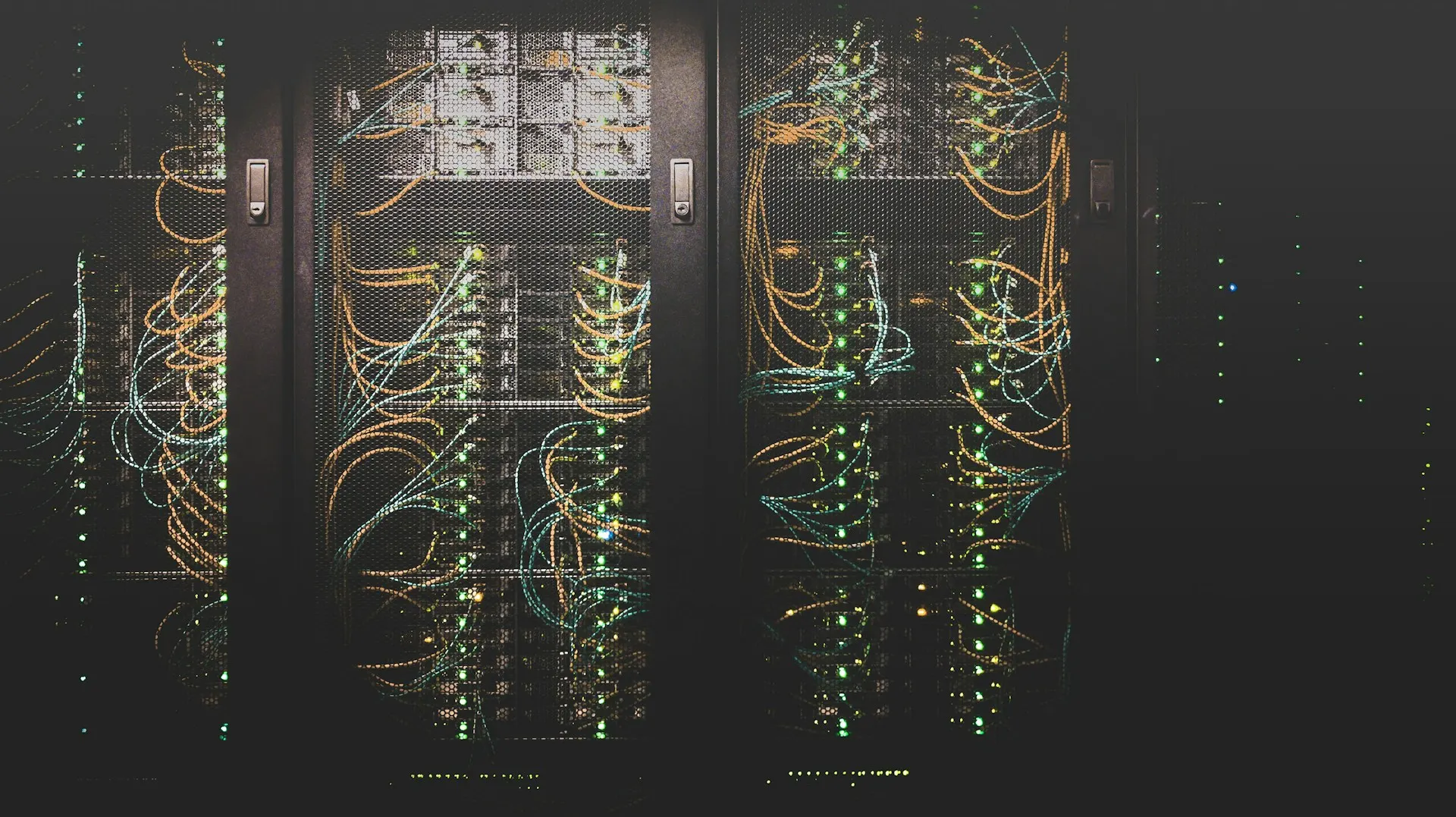 Network cabling and status lights in server racks